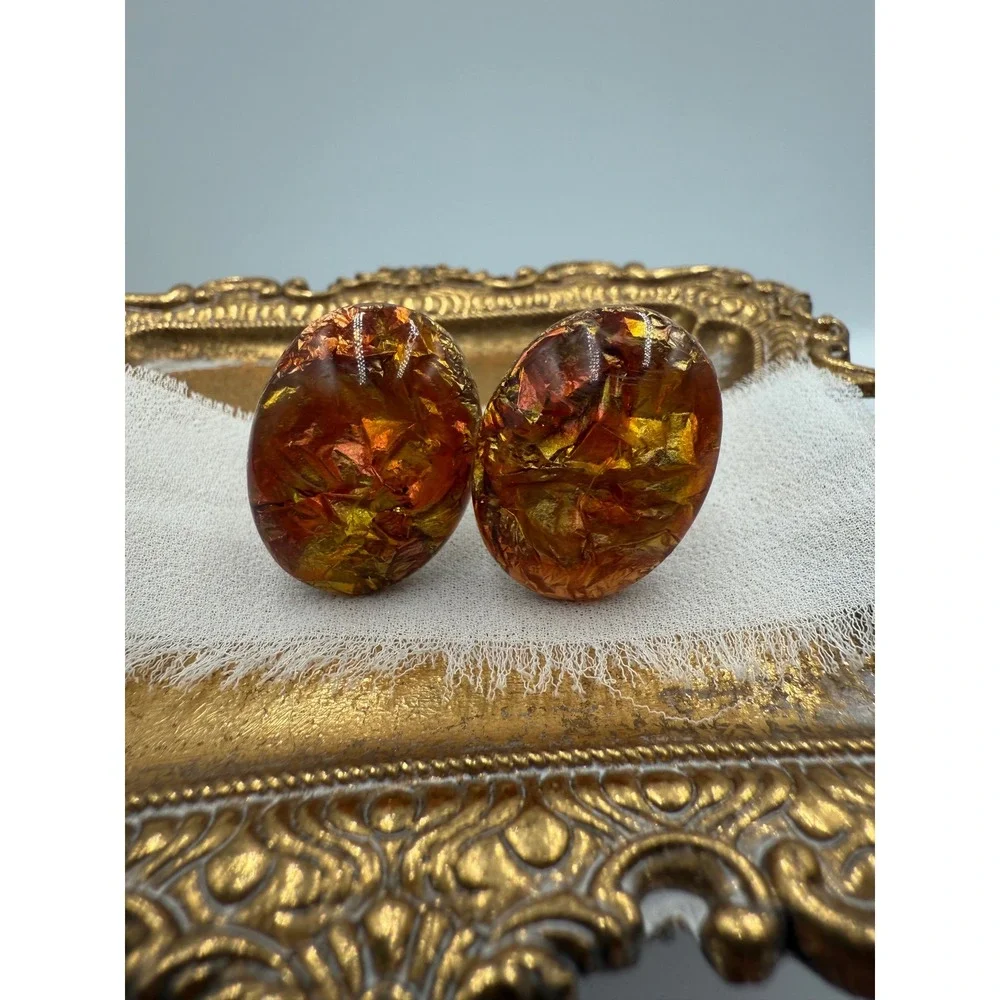 Vintage Mid‎ Century Gold Foil Faux Amber Resin Oval Cufflinks Orange Gold Tone